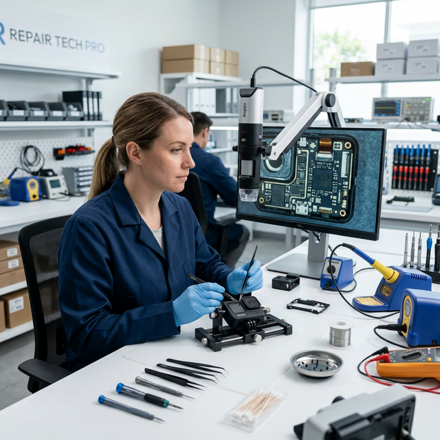 Técnico trabajando con microscopio reparando cámara de acción