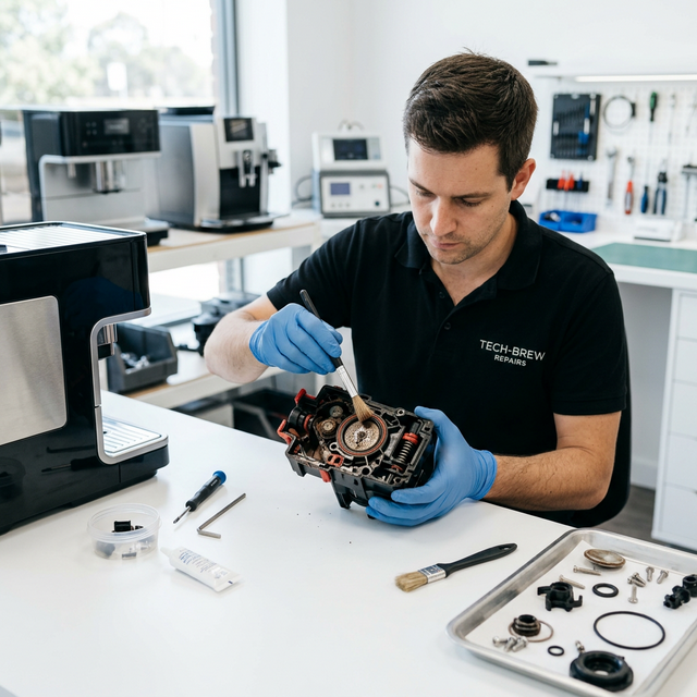 Técnico profesional reparando el grupo infusor de una cafetera superautomática