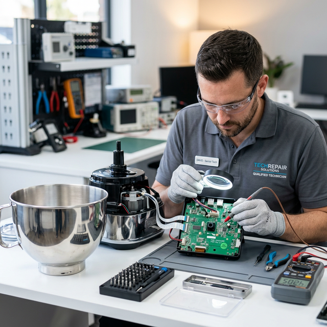 Técnico electrónico especializado revisando componentes de robot de cocina