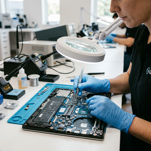 Técnico profesional soldando placa base