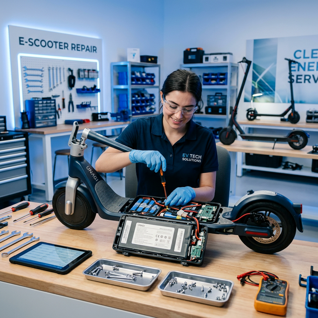 Técnico especializada reparando batería de patinete eléctrico