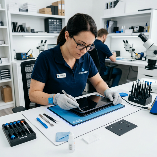 Técnico reparando con iPad con microscopio